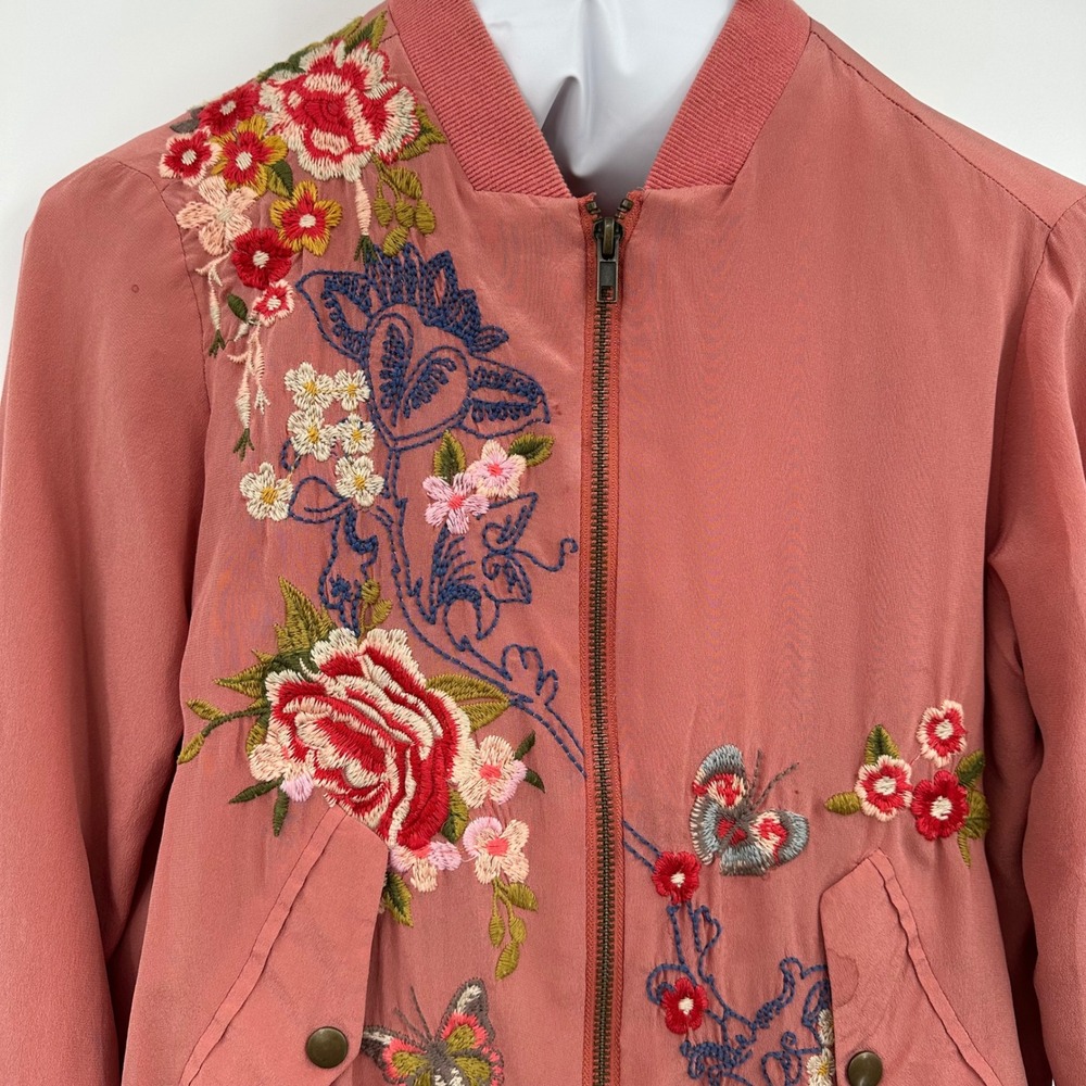 Johnny Was Pink Floral Embroidered Bomber Jacket